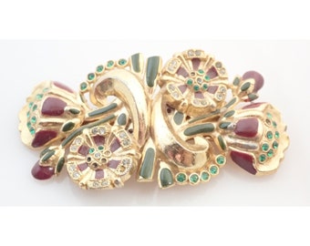 Vintage Coro Duette Enamel Camellia Flower Rhinestone Dress Fur Clip Brooch Pin