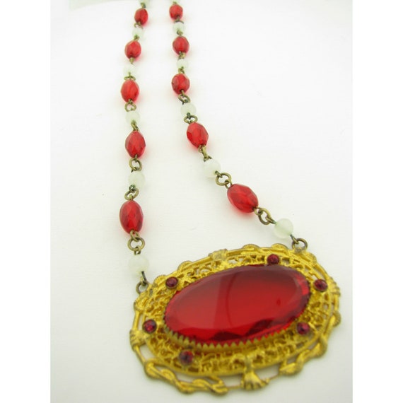 Vintage Art Deco Czech Filigree Red Glass Rhinest… - image 4