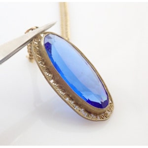 Antique Vintage Blue Glass Stone Filigree Gold Filled Plated Pendant Necklace