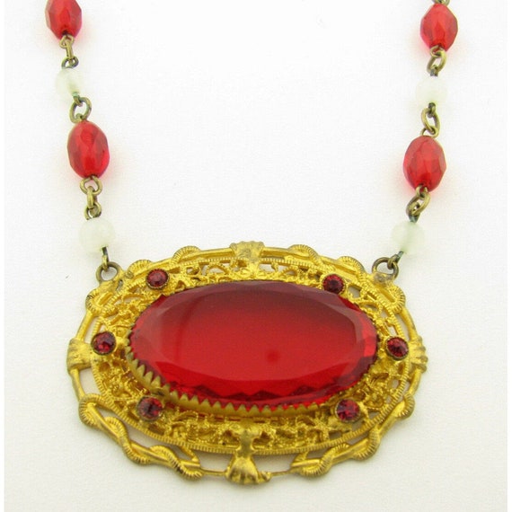 Vintage Art Deco Czech Filigree Red Glass Rhinest… - image 2