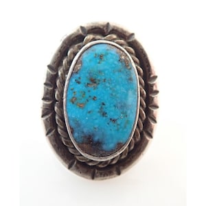 Vintage Navajo Signed A Turquoise 1.25" Sterling Silver Ring Sz 9.75