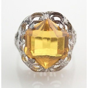 Vintage Antique Sterling Silver Filigree Fancy Cut Yellow Glass Stone Ring 4.75