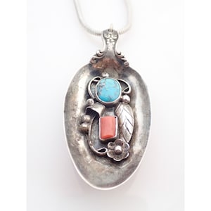 Vintage Navajo Turquoise & Coral Sterling Silver Spoon Pendant Necklace