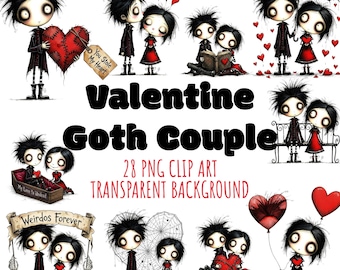Pacchetto clipart di San Valentino gotico, coppia di Valloween PNG, sublimazione di amore spettrale, download digitale di San Valentino emo