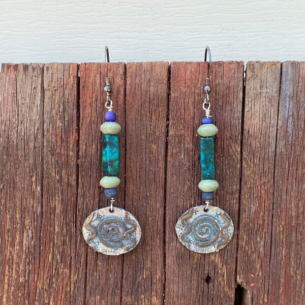 Handmade, Reclaimed Antique Earrings, Genuine Jade Stones, Turquoise, Antique Metal, Western Bohemian, Native American, Aztec, Hippie