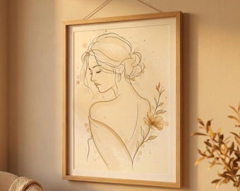 May include: A framed wall art print featuring a line drawing of a person with an updo hairstyle, shown from the back with a side profile view. The artwork uses soft beige and cream tones with a delicate floral accent on the right side.