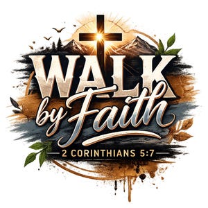 Może przedstawiać: Projekt graficzny z napisem "WALK by Faith" w stylizowanej czcionce, z krzyżem i górami w tle. Tekst "2 Corinthians 5:7" znajduje się poniżej. Projekt wykorzystuje odcienie brązu, złota i niebieskiego.