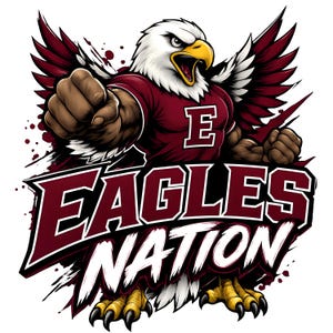 Puede incluir: Una ilustraci&oacute;n gr&aacute;fica de un &aacute;guila calva antropom&oacute;rfica que viste una camiseta granate con la letra E, con el texto EAGLES NATION en letras negritas granates y blancas. El &aacute;guila tiene cabeza blanca, pico amarillo y garras afiladas.