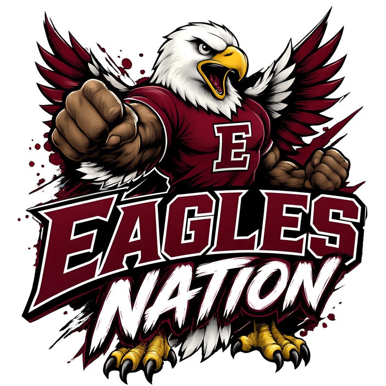 Puede incluir: Una ilustraci&oacute;n gr&aacute;fica de un &aacute;guila calva antropom&oacute;rfica que viste una camiseta granate con la letra E, con el texto EAGLES NATION en letras negritas granates y blancas. El &aacute;guila tiene cabeza blanca, pico amarillo y garras afiladas.