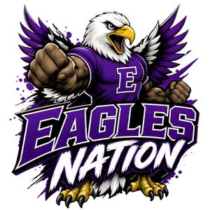 Puede incluir: Una ilustraci&oacute;n gr&aacute;fica de una mascota de &aacute;guila calva que lleva una camiseta morada con la letra E en el pecho. El &aacute;guila tiene las alas extendidas, un pico amarillo y garras afiladas. Debajo del &aacute;guila, el texto EAGLES NATION est&aacute; escrito en negrita.