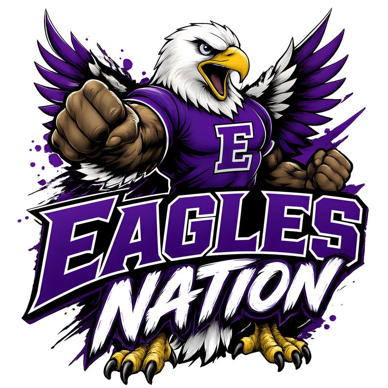 Puede incluir: Una ilustraci&oacute;n gr&aacute;fica de una mascota de &aacute;guila calva que lleva una camiseta morada con la letra E en el pecho. El &aacute;guila tiene las alas extendidas, un pico amarillo y garras afiladas. Debajo del &aacute;guila, el texto EAGLES NATION est&aacute; escrito en negrita.