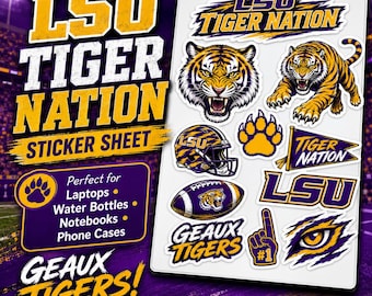 LSU Tiger Nation Sticker Sheet, Mascot, Football, Game Day Decals