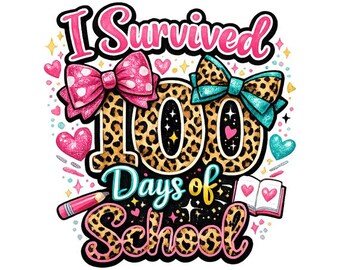 I Survived 100 Days of School – Girls Leopard Bow T-Shirt Design – 100th Day Graphic