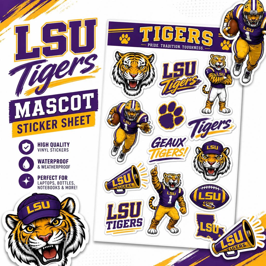 LSU Tigers Mascot Sticker Sheets PNG, Purple Gold Tiger Spirit Stickers ...