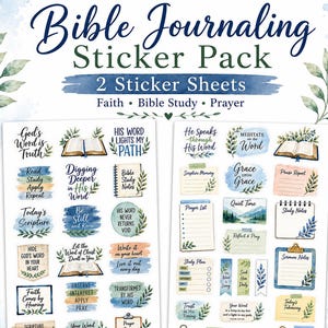 May include: Two sticker sheets featuring watercolor-style illustrations of leaves, open books, and inspirational text including "Bible Journaling Sticker Pack," "God's Word is Truth," "He Speaks through His Word," and "Faith, Bible Study, Prayer."