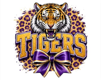 Tigers Mascot PNG, Purple Gold Leopard Print, Coquette Bow School Spirit Design (Digital Download)