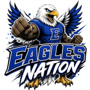 Puede incluir: Una ilustraci&oacute;n gr&aacute;fica de un &aacute;guila antropom&oacute;rfica con plumas blancas en la cabeza, pico amarillo y alas azules. El &aacute;guila viste una camiseta azul con una letra E blanca y tiene los pu&ntilde;os cerrados. Debajo, el texto EAGLES NATION en azul.