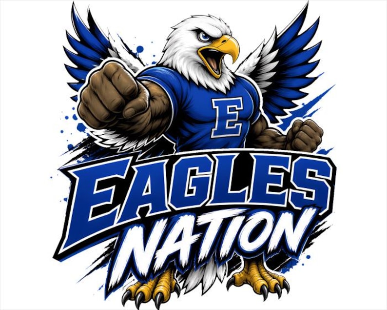Puede incluir: Una ilustraci&oacute;n gr&aacute;fica de un &aacute;guila antropom&oacute;rfica con plumas blancas en la cabeza, pico amarillo y alas azules. El &aacute;guila viste una camiseta azul con una letra E blanca y tiene los pu&ntilde;os cerrados. Debajo, el texto EAGLES NATION en azul.