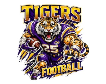 Tigers Football Mascot PNG, School Spirit Shirt Design, Purple Gold Tiger Football