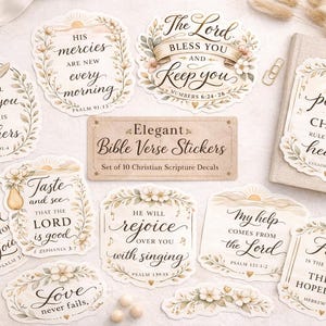 May include: A set of 10 elegant Bible verse stickers with floral and leaf accents. Each sticker features a different scripture quote in elegant calligraphy. The stickers are in various shapes and sizes, with a neutral color palette.