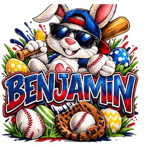 May include: A cartoon illustration featuring a baseball-themed Easter bunny wearing sunglasses and a baseball cap. The bunny is holding a baseball bat and a baseball. The name "BENJAMIN" is displayed in large, colorful letters. Easter eggs and a baseball glove are also present.