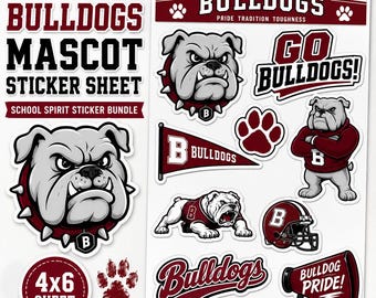 Bulldog Mascot Sticker Sheet, School Spirit Stickers, Bulldogs Decal Sheet