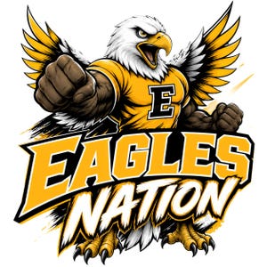 Puede incluir: Una ilustraci&oacute;n gr&aacute;fica de un &aacute;guila antropom&oacute;rfica con plumas blancas en la cabeza, pico amarillo y brazos musculosos marrones, vistiendo una camiseta amarilla con una letra E negra. El texto EAGLES NATION aparece en letras amarillas y blancas.