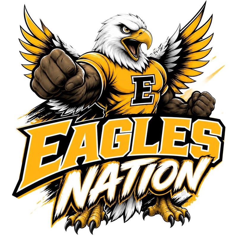 Puede incluir: Una ilustraci&oacute;n gr&aacute;fica de un &aacute;guila antropom&oacute;rfica con plumas blancas en la cabeza, pico amarillo y brazos musculosos marrones, vistiendo una camiseta amarilla con una letra E negra. El texto EAGLES NATION aparece en letras amarillas y blancas.