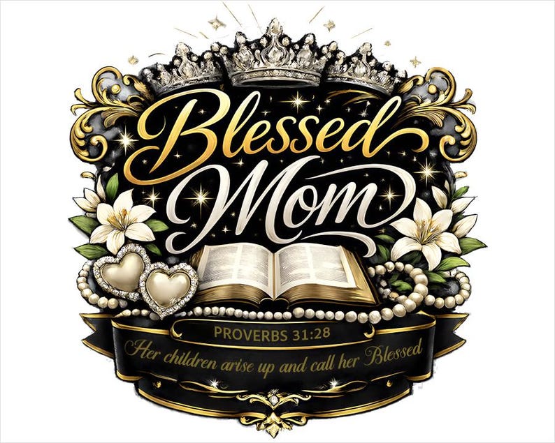 Op de afbeelding: Een decoratief ontwerp met de woorden "Blessed Mom" in gouden letters, versierd met kronen, bloemen en parels. Het ontwerp bevat een open boek en de tekst "Proverbs 31:28".