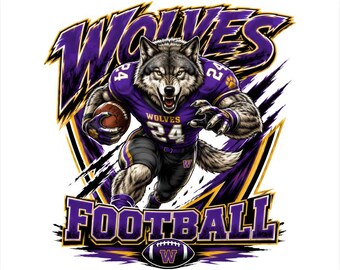 Wolves Football PNG, Purple and Gold Wolf Mascot Design, School Spirit Shirt Design, Digital Download