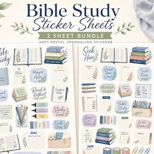 May include: Two sheets of Bible study stickers featuring soft pastel illustrations of open books, stacked volumes, prayer journals, pens, and floral accents. The text includes phrases like Bible Study, Seek Him, Prayer Notes, and Read and Reflect.