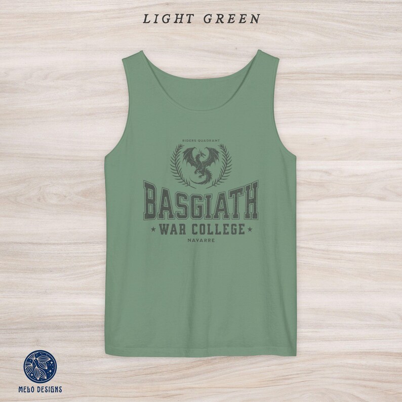 May include: A light green tank top with a black and white graphic of a dragon and the text "Basgiath War College Navarre".