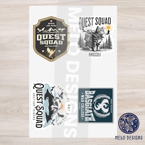 May include: Four sticker designs featuring a cat, a dragon, and a wolf. The stickers are all black and white with a blue and green color scheme. The stickers are all on a white background. The text on the stickers reads "Quest Squad", "Basgiath", "The Isles Are Calling", and "Brave the Dark".