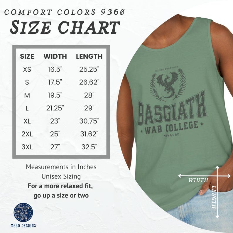 May include: A green sleeveless shirt with a black graphic print of a dragon and the text "Basgiath War College* Nivarre". The shirt has a size chart with measurements in inches.