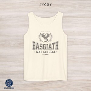 May include: Ivory tank top with a grey graphic of a dragon and the text "Basgiath War College Navarre" printed on the front.