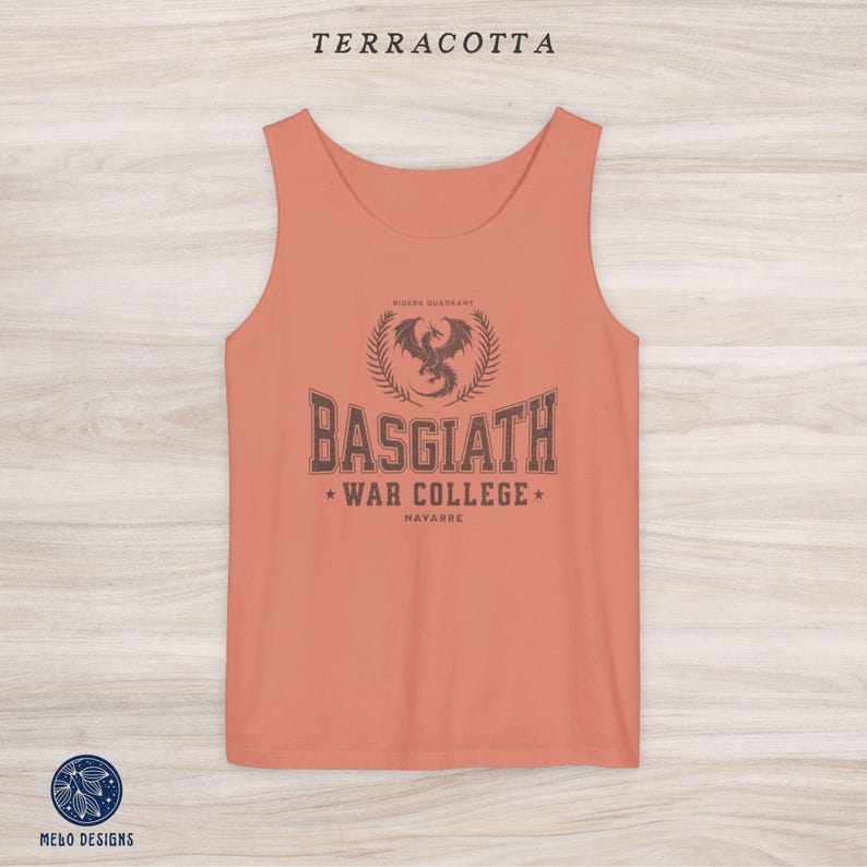 May include: Terracotta tank top with a black graphic of a dragon and the text "Basgiath War College* Navarre".