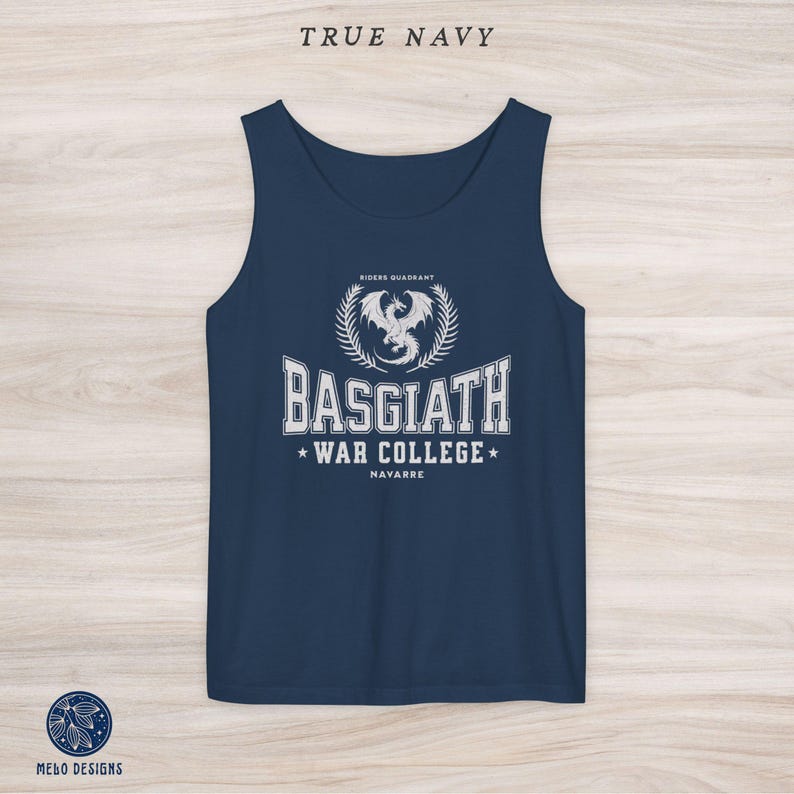 May include: A navy blue tank top with a white graphic design featuring a dragon and the text "Basgiath War College, Navarre, Riders Quadrant".