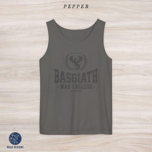 May include: A dark grey tank top with a black graphic print of a dragon and the text "Basgiath War College, Maharke".