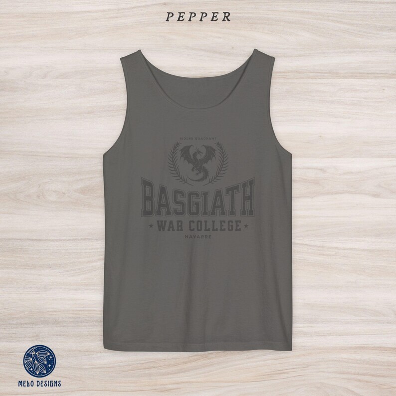 May include: A dark grey tank top with a black graphic print of a dragon and the text "Basgiath War College, Maharke".