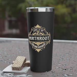 May include: Black stainless steel tumbler with a gold design that says "Light it up Mirthroot Lunathion Dispensary".