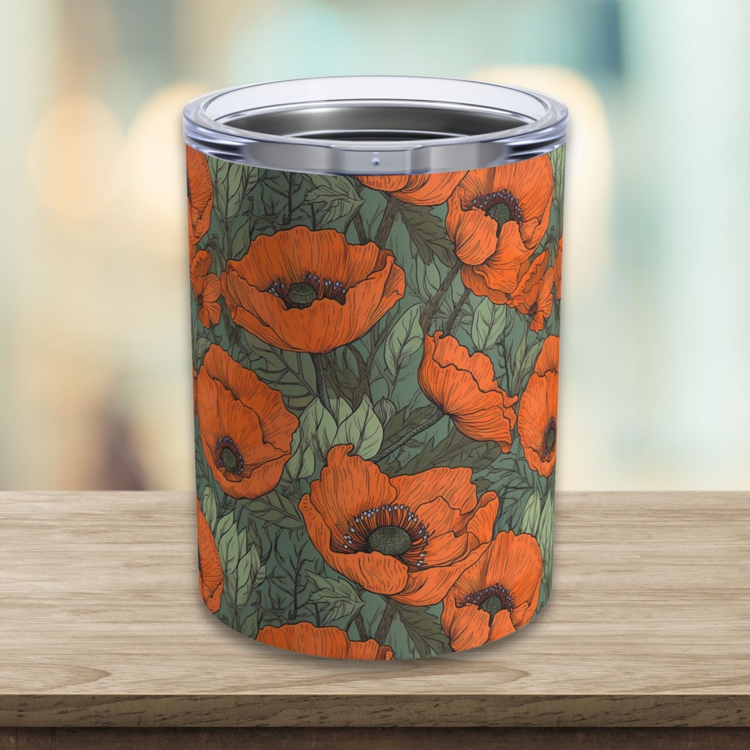 Boho Floral Wine Tumbler 10oz California Poppy Coffee Mug Orange Flowers Insulated Travel
