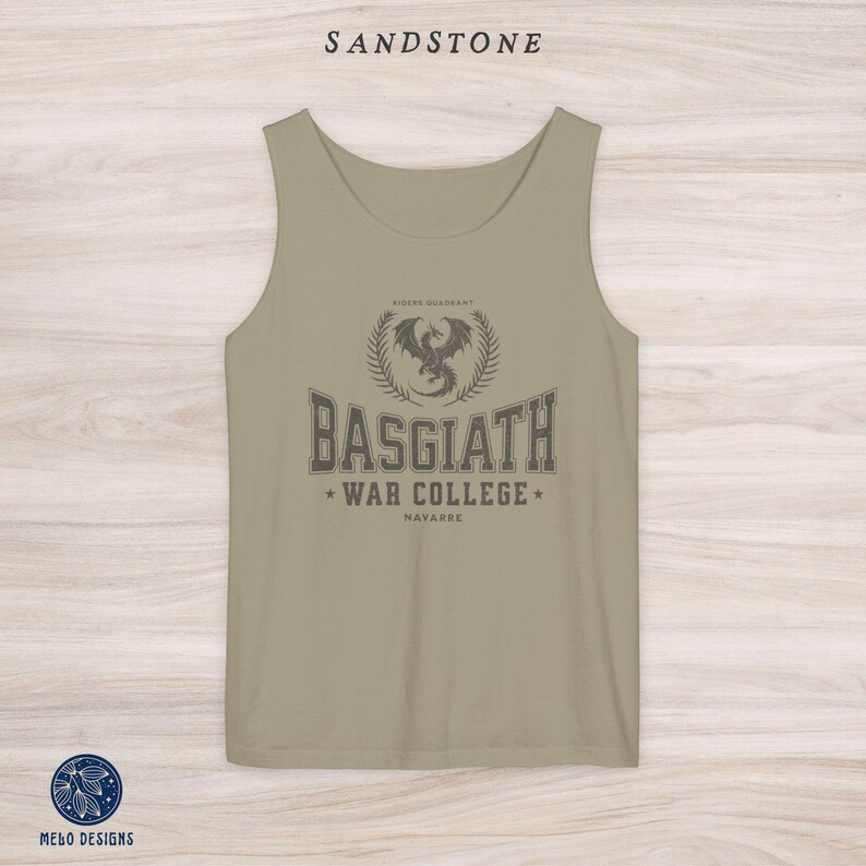 May include: A beige tank top with a black graphic of a dragon and the text "Basgiath War College* Navarre" printed on the front.