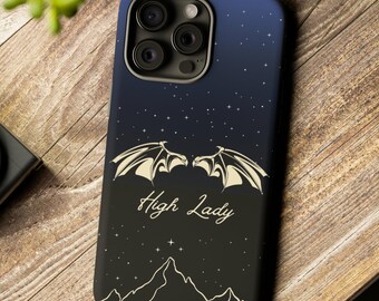 May include: A black phone case with a starry night sky design. The case features a pair of white wings with the text "High Lady" in a gold font.