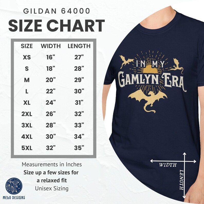May include: A size chart for a navy blue t-shirt with a yellow graphic of a dragon and the text "In My Gamlyn Era". The chart shows the width and length measurements in inches for sizes XS to 5XL.
