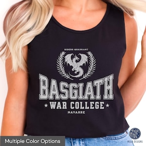 May include: Black tank top with a white graphic of a dragon and the text "Riders Quadrant Basgiath War College Navarre".