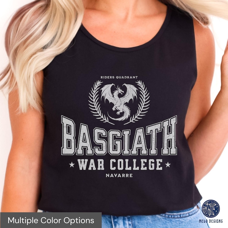 May include: Black tank top with a white graphic of a dragon and the text "Riders Quadrant Basgiath War College Navarre".