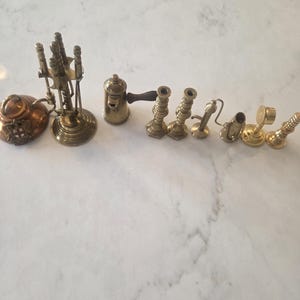 Vintage Brass Miniatures | Dollhouse Accessories | Miniature Brass Decor | Fireplace Tools, Candlesticks, Coffee Pot | 1:12 Scale Dollhouse