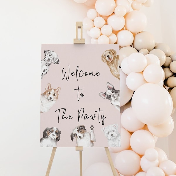 Digital Puppy Pawty Welcome Sign | Dog Birthday Welcome Poster, Editable Welcome Sign Template, Printable Girl Birthday Party Sign