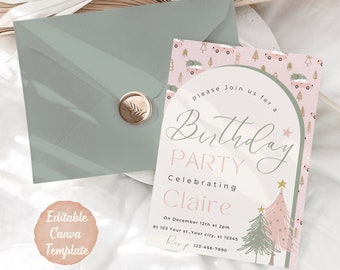 May include: A birthday party invitation card featuring a pink background with illustrated cars and Christmas trees, an arched frame, and text reading Please Join us for a Birthday PARTY Celebrating Claire on December 12th at 2pm, with a sage green envelope.