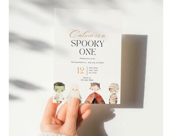 Spooky One Halloween 1st Birthday Einladung: Ghost & Pumpkin Canva Template (bearbeitbarer digitaler Download